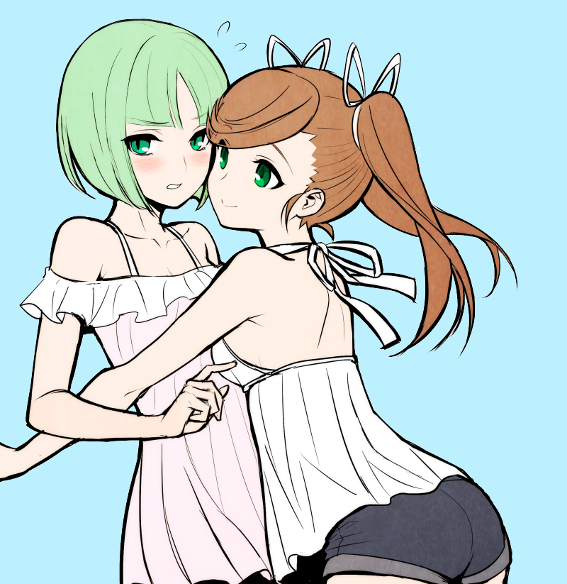 2girls aqua_background bare_back bare_shoulders blue_background blush breasts brown_hair chuunibyou dress embarrassed green_eyes green_hair hair_ribbon hug light_green_hair long_hair looking_to_the_side multiple_girls nanase_(under_night_in-birth) off-shoulder_dress off_shoulder phonon_(under_night_in-birth) pink_dress ribbon short_hair short_shorts shorts shorts_under_dress small_breasts smile sundress tb_(spr1110) tsundere twintails under_night_in-birth white_dress white_ribbon yuri