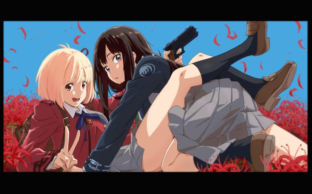 2girls backpack bag black_hair black_socks blonde_hair brown_footwear collared_shirt commentary_request flower gun handgun holding holding_gun holding_weapon inoue_takina kneehighs loafers long_hair long_sleeves lycoris_recoil lycoris_uniform multiple_girls nishikigi_chisato randorii red_eyes red_flower shirt shoes short_hair socks spider_lily two-tone_dress v violet_eyes weapon white_shirt