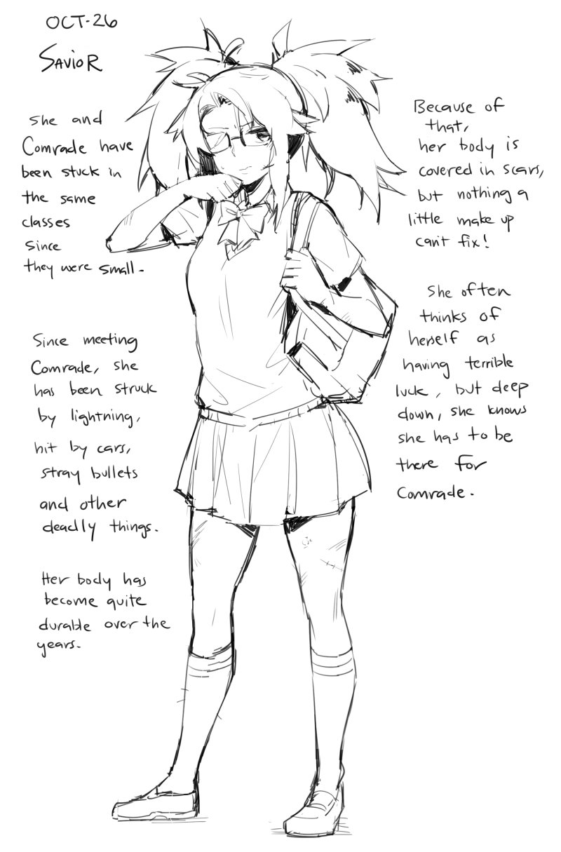 1girl bag character_name character_profile closed_mouth english_commentary english_text ge-b glasses greyscale highres kneehighs monochrome original pleated_skirt scar scar_on_arm scar_on_leg school_bag school_uniform skirt socks solo spiky_hair standing twintails