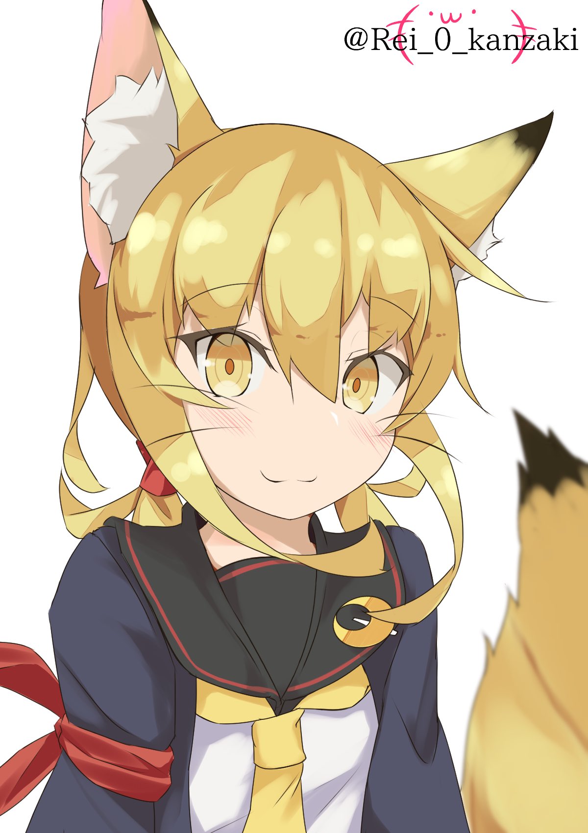 1girl animal_ears armband black_sailor_collar blonde_hair blue_jacket commentary_request crescent crescent_pin etsuransha_no_rei fox_ears fox_tail highres jacket kantai_collection long_hair low_twintails neckerchief one-hour_drawing_challenge sailor_collar satsuki_(kancolle) satsuki_kai_ni_(kancolle) school_uniform serafuku simple_background smile solo tail twintails whiskers white_background yellow_neckerchief