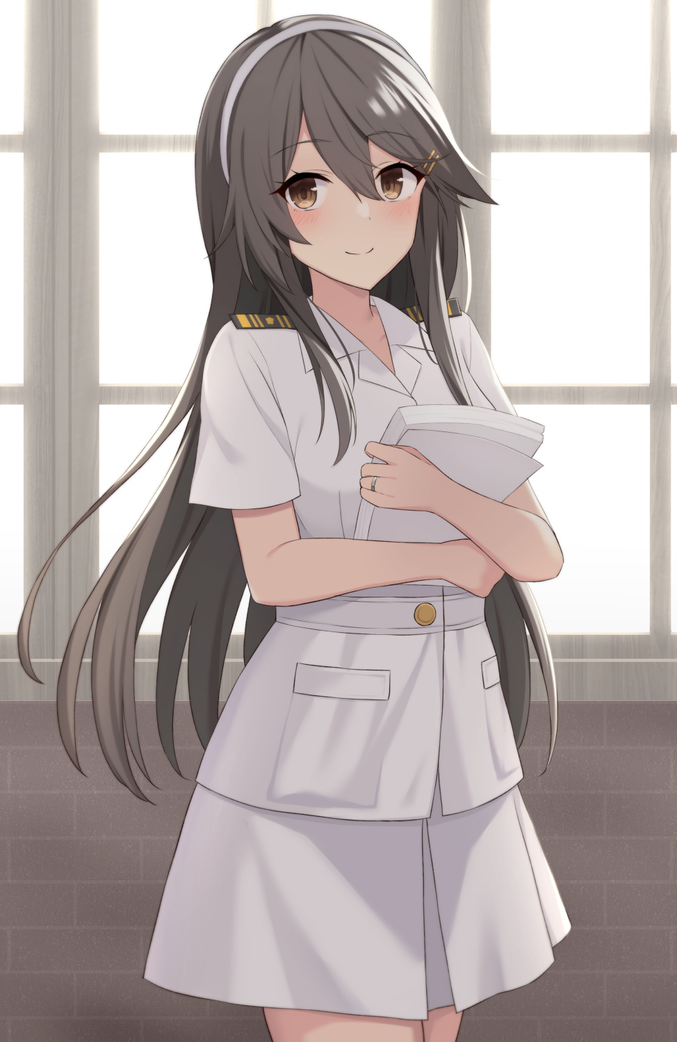 1girl akahi242 black_hair blush brown_eyes closed_mouth cowboy_shot hair_between_eyes hair_ornament hairclip haruna_(kancolle) highres holding holding_paper jewelry kantai_collection long_hair looking_at_viewer military military_uniform naval_uniform paper ring short_sleeves smile solo uniform wedding_ring window