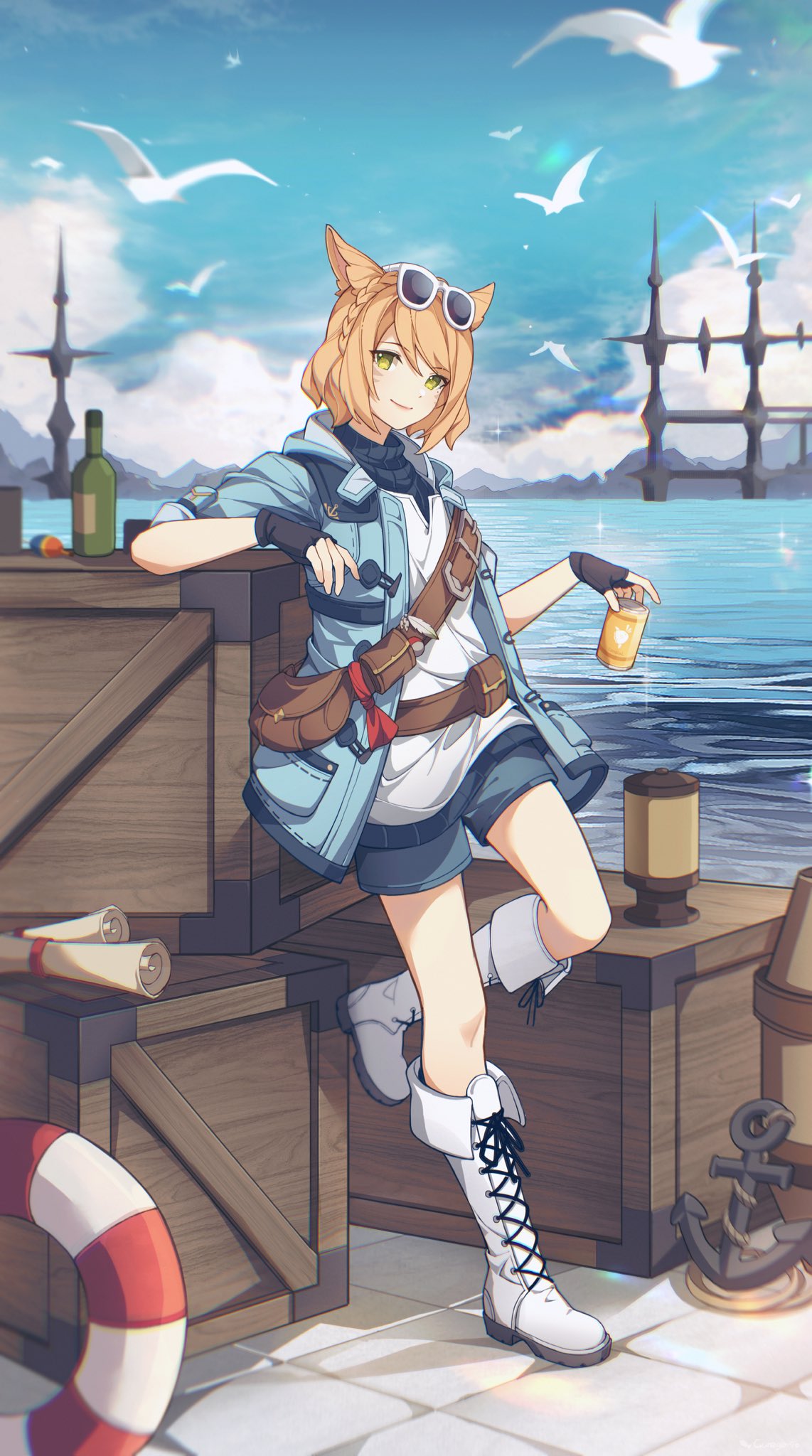 1girl 9yuki anchor animal_ears arm_rest avatar_(ff14) bangs belt_pouch bird black_gloves black_sweater blonde_hair blue_jacket blue_shorts blue_sky blurry boots bottle braid cat_ears clouds crate cross-laced_footwear crown_braid cup day depth_of_field drink eyewear_on_head facial_mark fanny_pack final_fantasy final_fantasy_xiv fingerless_gloves flock from_side full_body gloves green_eyes highres holding holding_cup holding_drink jacket knee_boots lace-up_boots leaning_back leg_up lifebuoy limsa_lominsa looking_at_viewer miqo'te mountainous_horizon ocean outdoors pocket pouch scroll short_hair shorts single_braid sky smile solo sparkle sunglasses sweater swept_bangs turtleneck turtleneck_sweater water white-framed_eyewear white_footwear