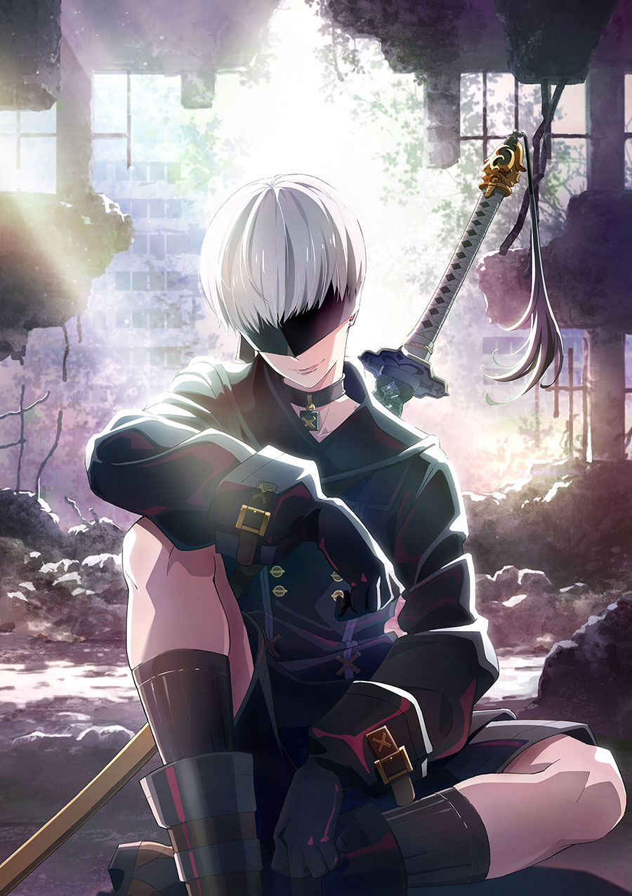 1boy black_blindfold black_gloves black_jacket black_socks blindfold boots choker covered_eyes gloves highres jacket katana key_visual knee_up kneehighs nier_(series) nier_automata official_art promotional_art rubble ruins shorts sitting socks solo sword weapon white_hair yorha_no._9_type_s