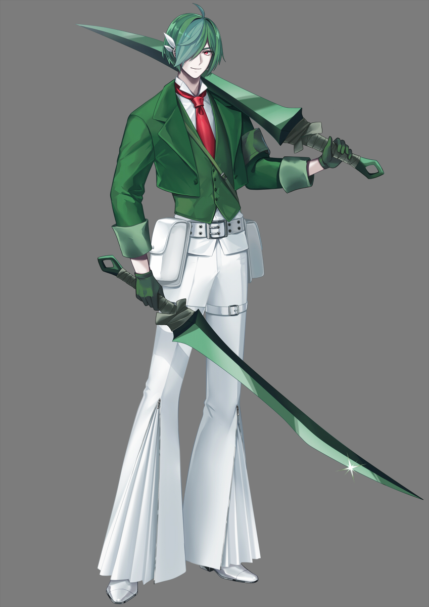 1boy ahoge aqua_hair armband bangs bell-bottoms belt buttons closed_mouth collared_shirt commentary_request cropped_jacket dual_wielding full_body gallade glint green_hair green_jacket green_vest grey_background hair_over_one_eye hand_up happy highres holding holding_sword holding_weapon humanization jacket long_sleeves looking_to_the_side male_focus merlusa multicolored_hair necktie one_eye_covered open_clothes open_jacket over_shoulder pale_skin pants pokemon pouch red_eyes red_necktie shiny shiny_hair shirt shoes short_hair sidelocks simple_background smile solo standing swept_bangs sword thigh_strap two-tone_hair vest weapon weapon_over_shoulder white_footwear white_pants white_shirt zipper_pull_tab