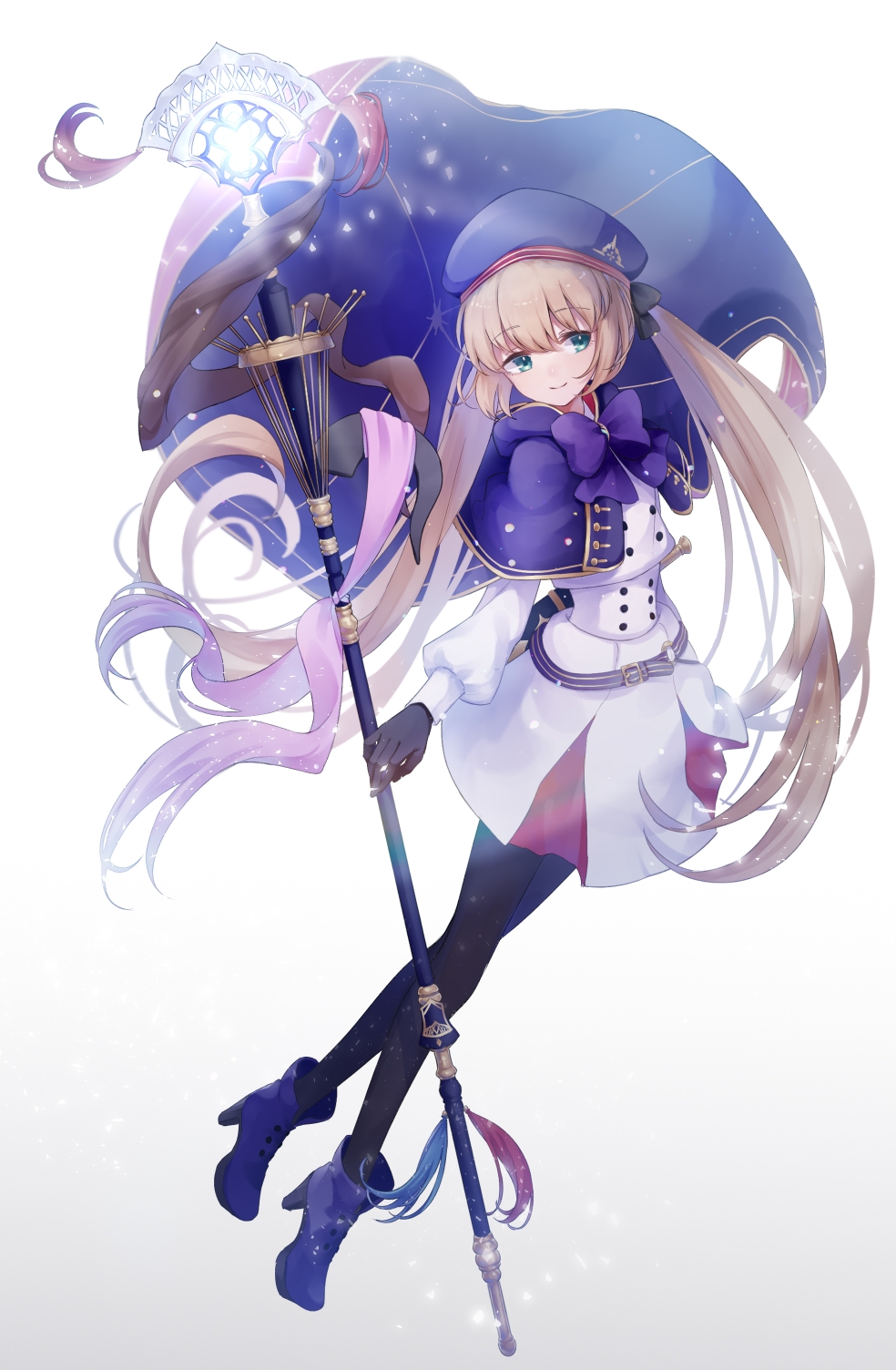 1girl artoria_caster_(fate) artoria_caster_(second_ascension)_(fate) artoria_pendragon_(fate) belt beret black_bow black_gloves black_pantyhose blonde_hair blue_belt blue_cloak blue_headwear boots bow buttons cloak collared_shirt fate/grand_order fate_(series) flower full_body gloves gold_trim green_eyes hair_bow hat highres holding long_hair multicolored_cloak pantyhose purple_bow purple_footwear shirt skirt solo standing twintails user_uzxp3454 water white_background white_shirt white_skirt