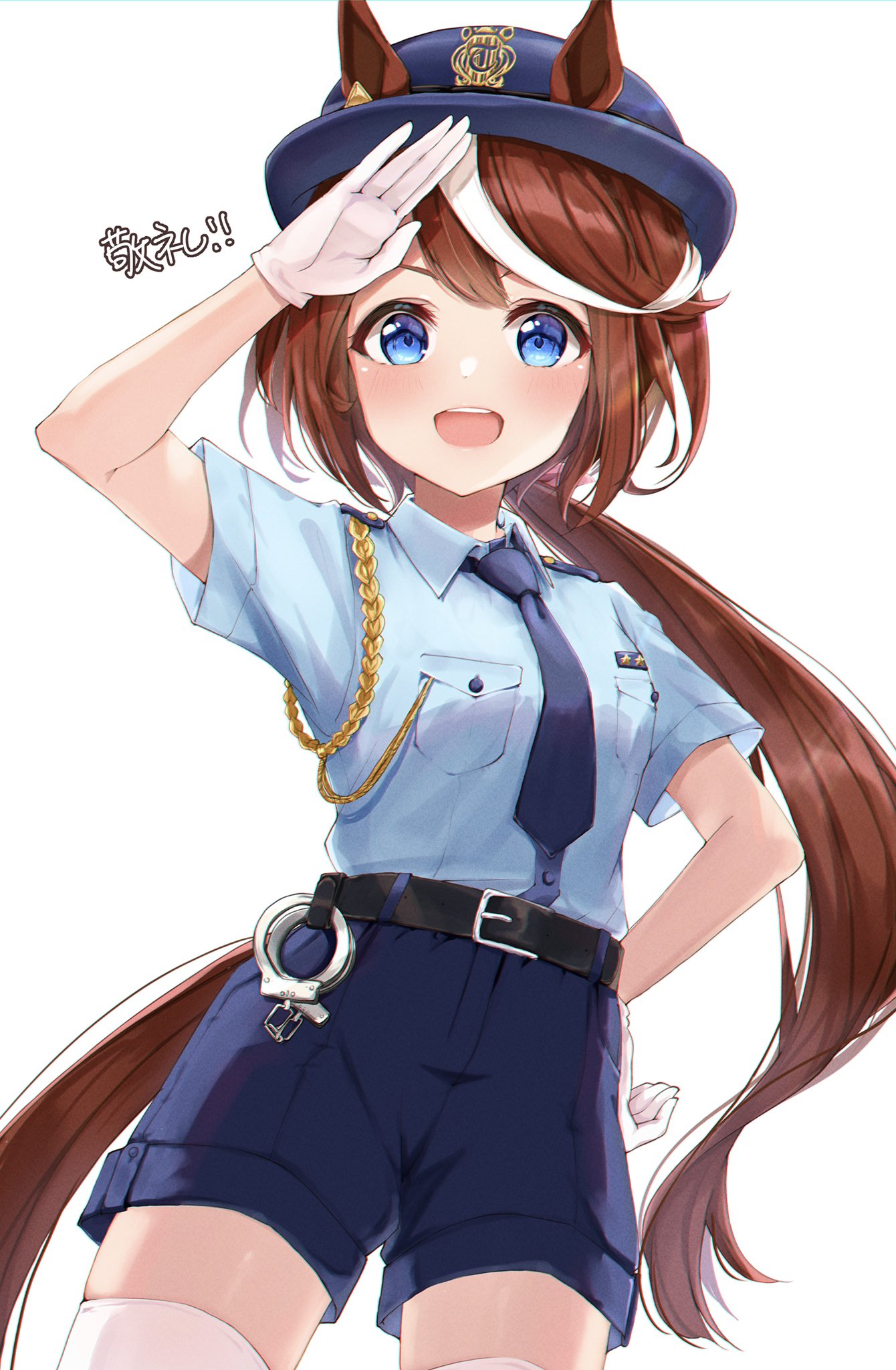 aiguillette alternate_costume animal_ears blue_eyes blue_headwear blue_necktie blue_shirt blue_shorts blush brown_hair collarbone epaulettes gloves hat highres horse_ears horse_girl horse_tail long_hair looking_at_viewer multicolored_hair necktie police police_hat police_uniform policewoman ponytail salute shirt shorts tail thigh-highs tokai_teio_(umamusume) translation_request two-tone_hair umamusume uniform white_gloves white_hair white_thighhighs yoshinon_(yoshinon_kotori) zettai_ryouiki