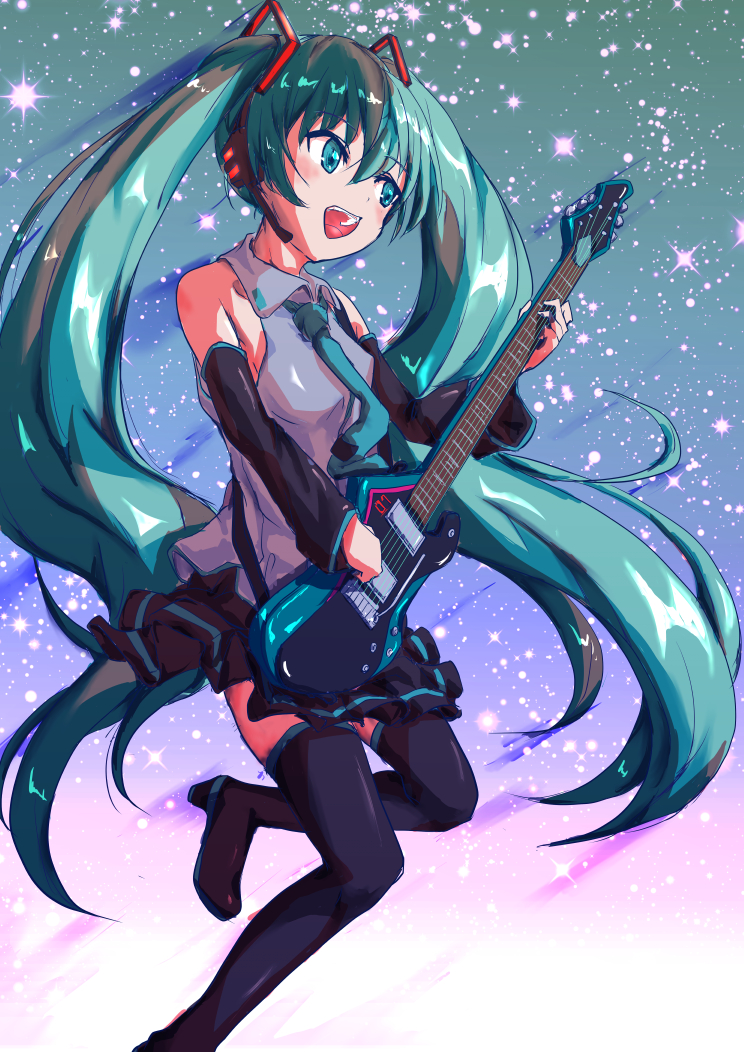 1girl black_sleeves commentary electric_guitar feet_out_of_frame green_eyes green_hair grey_shirt guitar hair_ornament hatsune_miku headphones headset holding holding_instrument instrument kinarin long_hair midair music necktie open_mouth playing_instrument shirt sky sleeveless sleeveless_shirt smile star_(sky) starry_sky thigh-highs twintails very_long_hair vest vocaloid wide_sleeves