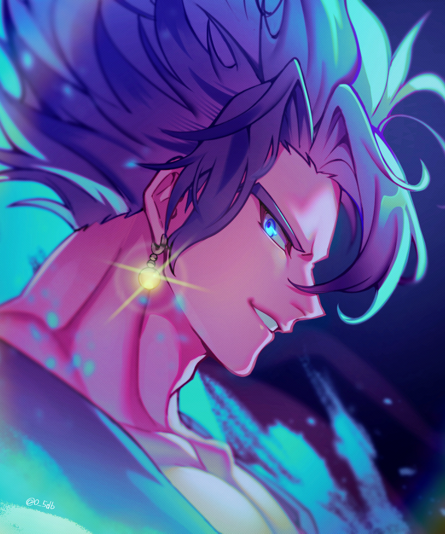 1boy blue_background blue_eyes blue_hair commentary_request dragon_ball dragon_ball_super earrings from_side glint grin jewelry looking_at_viewer looking_to_the_side male_focus pectoral_cleavage pectorals potara_earrings profile smile solo spiky_hair super_saiyan super_saiyan_blue twitter_username vegetto zero-go
