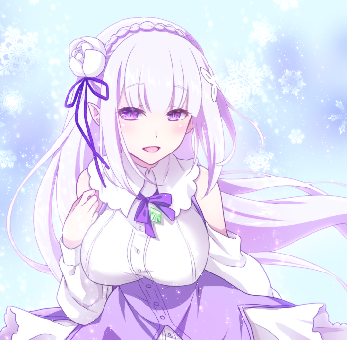 1girl bangs braid breasts dress elf emilia_(re:zero) eyebrows_hidden_by_hair flower hair_flower hair_ornament hairband large_breasts looking_at_viewer mori_marimo open_mouth pointy_ears re:zero_kara_hajimeru_isekai_seikatsu ribbon skirt sleeveless sleeveless_dress smile snow snowflakes snowing solo violet_eyes white_hair