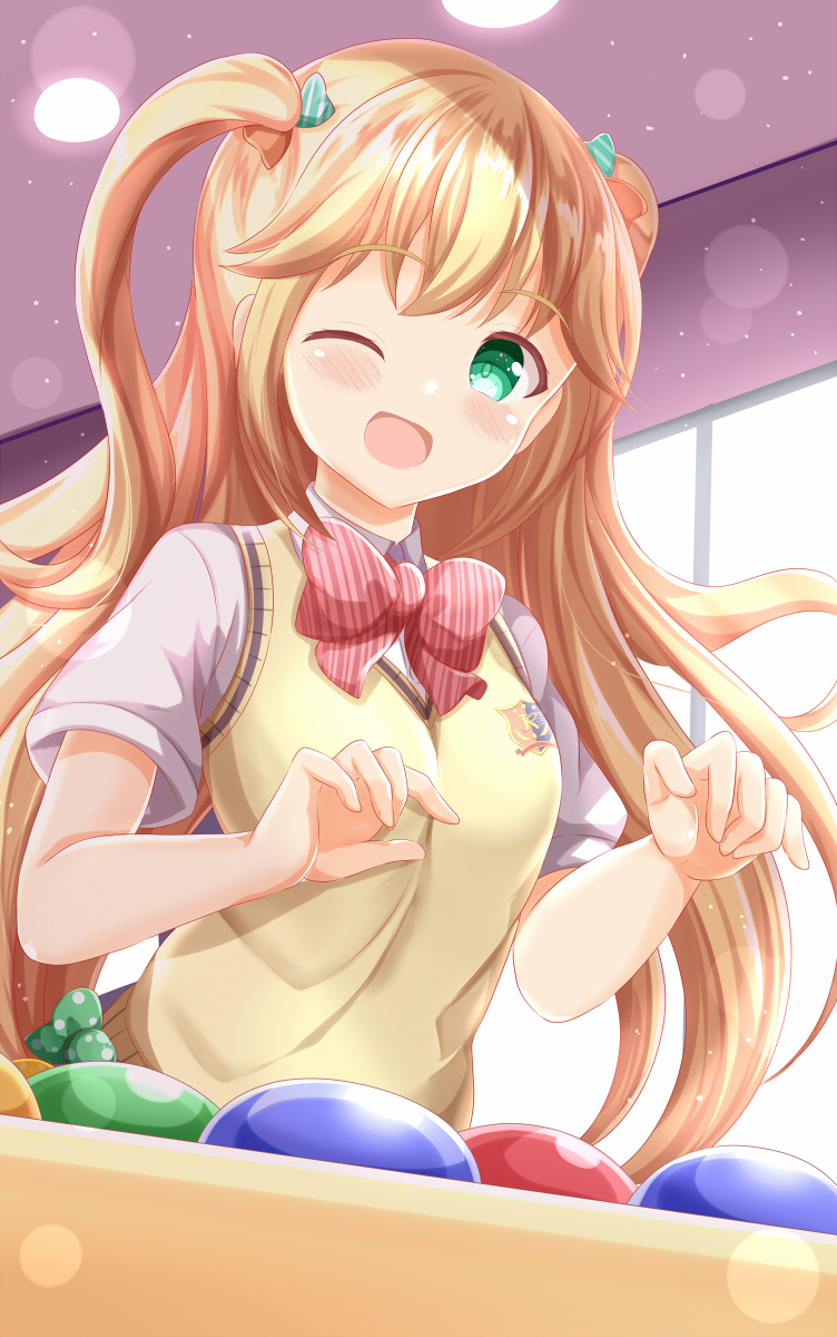 1girl ;d bangs blonde_hair blush bow breasts collared_shirt commentary_request commission day diagonal-striped_bow fujisawa_yuzu green_bow green_eyes hands_up highres indoors long_hair looking_at_viewer one_eye_closed ongeki red_bow shirt short_sleeves skeb_commission small_breasts smile solo sunlight sweater_vest two_side_up very_long_hair white_shirt window zenon_(for_achieve)