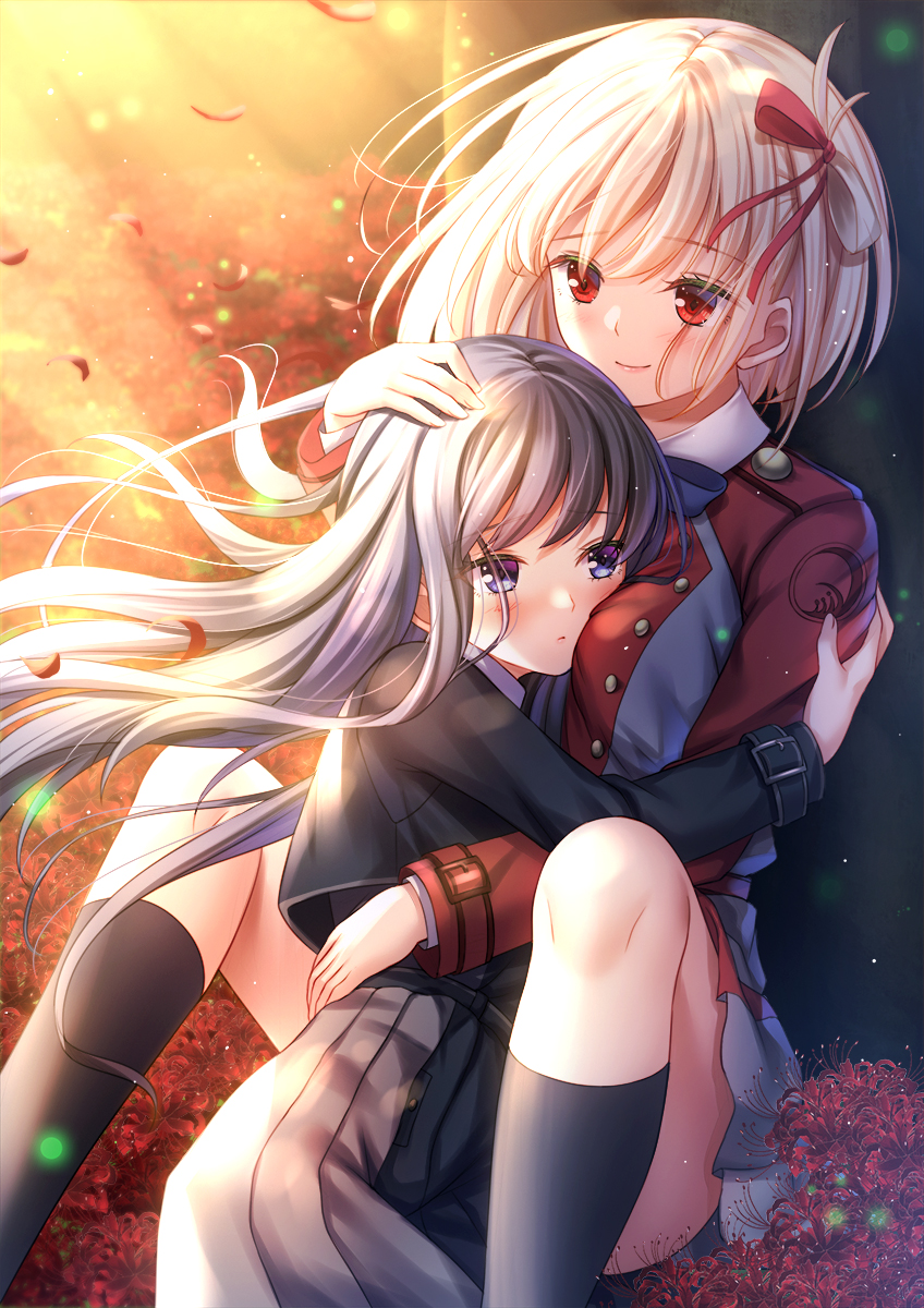 2girls black_dress black_hair black_socks blonde_hair breasts closed_mouth commentary_request dress feet_out_of_frame floating_hair flower grey_dress hair_ribbon hand_on_another's_head hand_up highres hug inoue_takina knees_up long_hair long_sleeves lycoris_recoil lycoris_uniform medium_breasts multiple_girls nishikigi_chisato petals pleated_dress red_dress red_eyes red_flower red_ribbon ribbon smile socks spider_lily toshi_(1-147) two-tone_dress very_long_hair violet_eyes