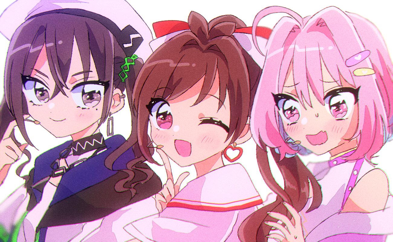 #lookingforaunitname_(idolmaster) 3girls ;d ahoge antenna_hair blush bob_cut earrings fang finger_to_cheek hair_intakes headset heart heart_earrings idolmaster idolmaster_cinderella_girls jewelry looking_at_another looking_at_viewer mizumi_(mizmi) multiple_girls one_eye_closed ponytail simple_background skin_fang smile sunazuka_akira sweatdrop tsujino_akari twintails upper_body wavy_hair white_background yumemi_riamu