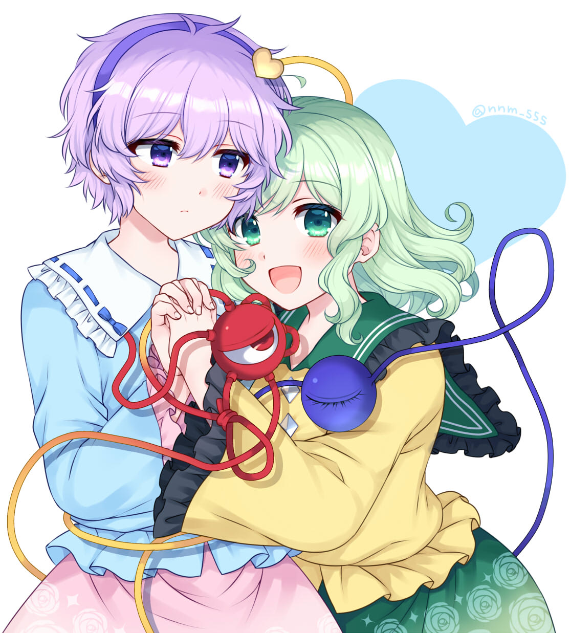 2girls :/ :d blouse blue_shirt blush buttons closed_mouth commentary cowboy_shot diamond_button floral_print frilled_shirt_collar frilled_sleeves frills green_eyes green_skirt hair_ornament hairband heads_together heart heart_hair_ornament highres holding_hands interlocked_fingers komeiji_koishi komeiji_satori long_sleeves looking_at_another looking_at_viewer medium_hair multiple_girls n-mix no_headwear open_mouth pink_skirt purple_hair purple_hairband red_eyes ribbon_trim rose_print shirt short_hair siblings sisters skirt smile third_eye touhou twitter_username violet_eyes wavy_hair wide_sleeves yellow_shirt