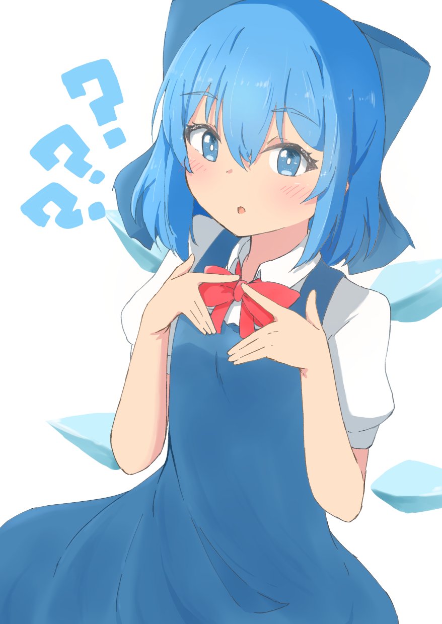 1girl ? ?? blue_bow blue_dress blue_eyes bow bowtie cirno dress hair_bow highres looking_at_viewer mizune_(winter) open_mouth pinafore_dress red_bow red_bowtie shirt short_sleeves simple_background solo touhou white_background white_shirt