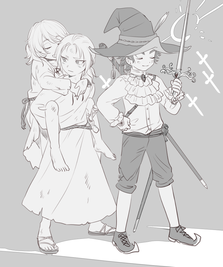 3boys aged_down carrying d_hunter_of_the_dead doyagao elden_ring greyscale hat kero_1110 magic male_focus monochrome multiple_boys piggyback ponytail rapier simple_background smug sorcerer_rogier staff sword weapon witch_hat