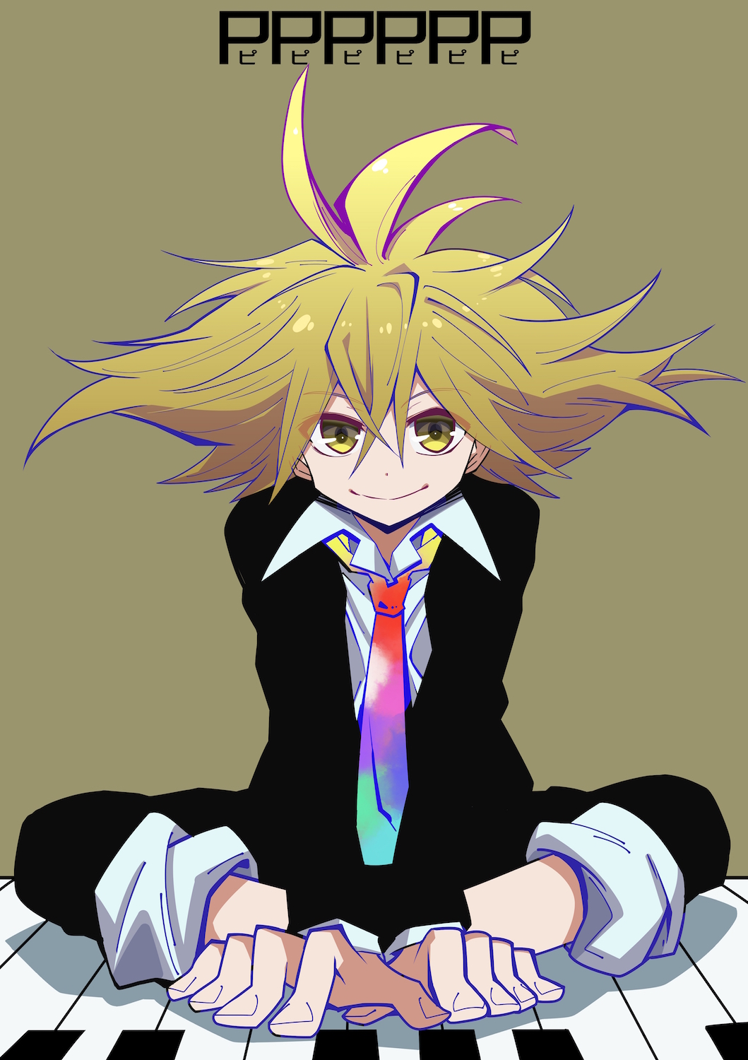 1boy ahoge black_jacket black_pants blonde_hair brown_background copyright_name full_body highres jacket looking_at_viewer male_focus medium_hair messy_hair multicolored_necktie necktie oki_kuro pants piano_keys pppppp shirt sitting smile solo sonoda_lucky white_shirt yellow_eyes