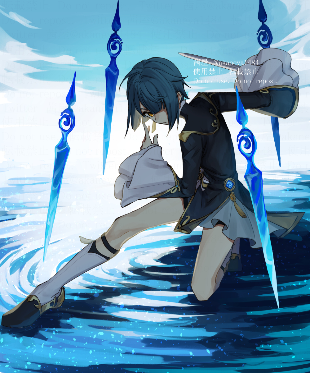 1boy asymmetrical_bangs asymmetrical_hair bangs blue_hair blush chinese_clothes commentary_request earrings frilled_sleeves frills genshin_impact hand_up highres holding holding_sword holding_weapon jacket jewelry long_sleeves looking_at_viewer male_focus ojo_aa otoko_no_ko short_hair shorts single_earring solo sword tassel tassel_earrings weapon wide_sleeves xingqiu_(genshin_impact) yellow_eyes