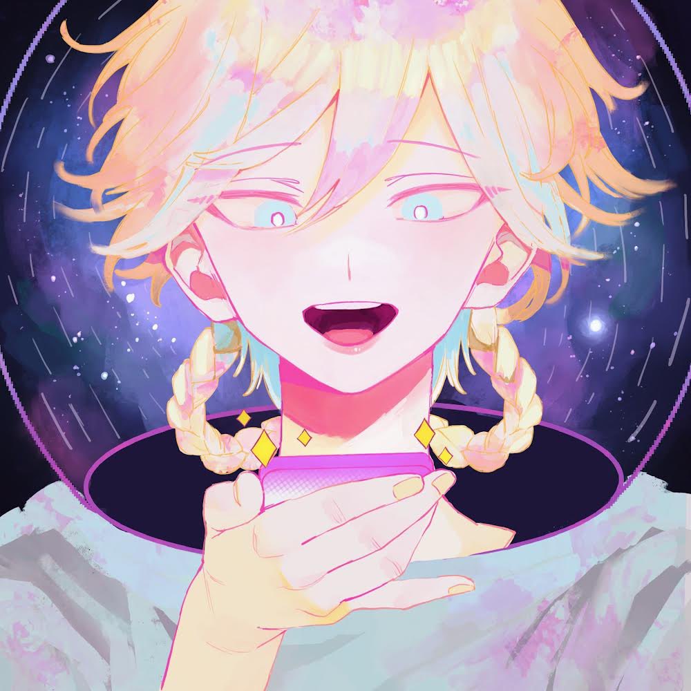 :d blonde_hair blue_eyes braid cellphone copyright_request fingernails grey_shirt hair_rings holding holding_phone multicolored_hair nail_polish phone pink_hair shirt sion001250 smartphone smile solo star_trail teeth upper_body upper_teeth yellow_nails