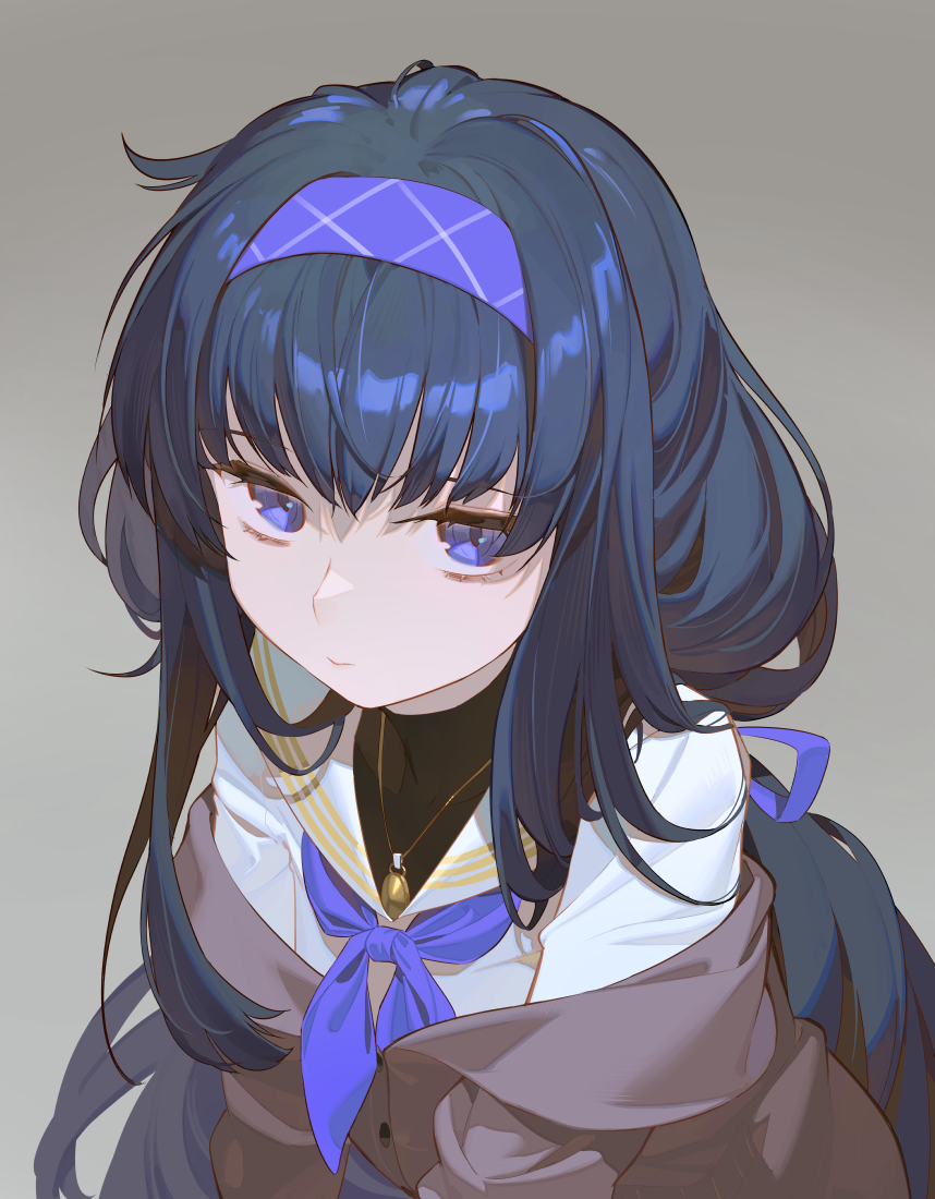 1girl black_hair blue_archive blue_eyes blue_hairband blue_neckerchief blue_ribbon hair_ribbon hairband jewelry long_hair looking_at_viewer low_twintails neckerchief necklace off_shoulder ribbon sailor_collar solo timbougami twintails ui_(blue_archive) white_sailor_collar