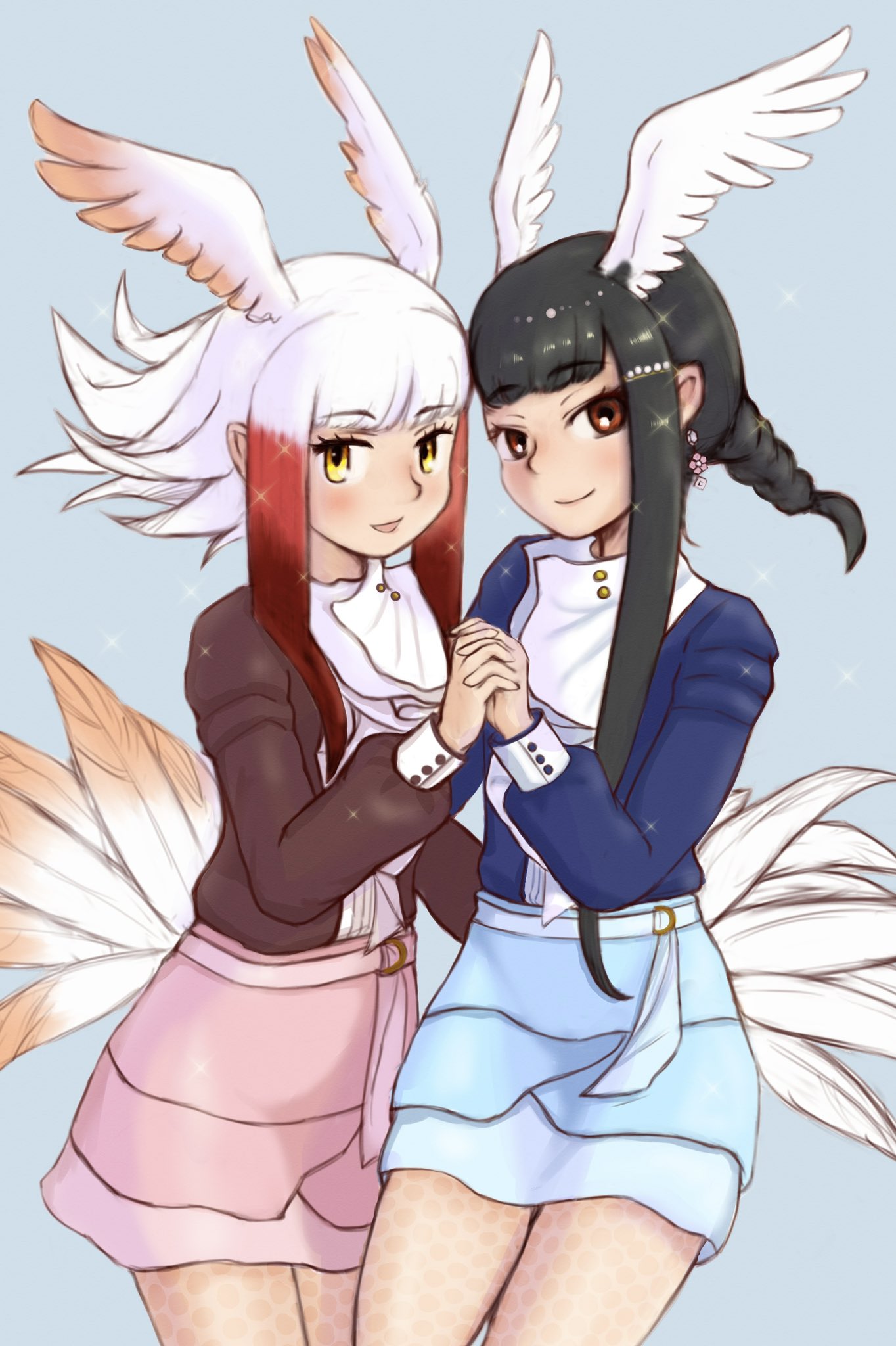 2girls alternate_costume bangs bird_girl bird_tail bird_wings black-headed_ibis_(kemono_friends) blue_shirt blue_skirt blush braid brown_shirt casual collar cowboy_shot head_wings highres holding_hands japanese_crested_ibis_(kemono_friends) kemono_friends long_sleeves looking_at_viewer multiple_girls obsession36 pantyhose pink_skirt puffy_sleeves red_eyes shirt short_hair sidelocks skirt smile tail twin_braids white_collar wings yellow_eyes