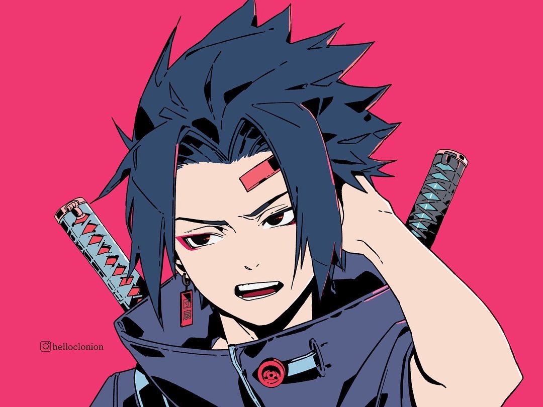1boy arm_up bandaid bandaid_on_head bangs black_eyes black_hair clonion earrings english_commentary instagram_username jewelry katana male_focus naruto naruto_(series) open_mouth parted_bangs pink_background red_eyeliner single_earring solo sword uchiha_sasuke weapon weapon_on_back