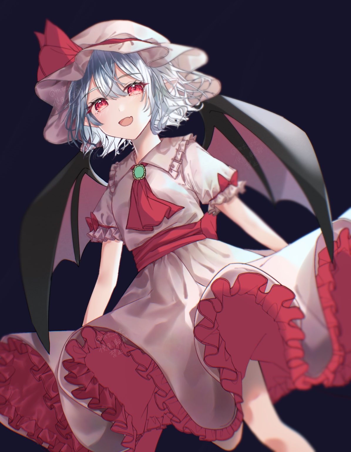 1girl ascot bat_wings blurry blurry_background brooch depth_of_field dress frills furawast hat hat_ribbon highres jewelry mob_cap open_mouth red_eyes remilia_scarlet ribbon short_sleeves solo touhou wings