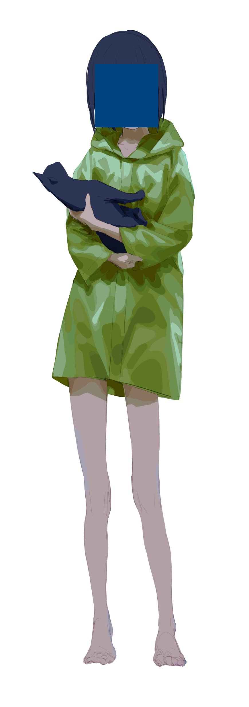 1girl absurdres aq_ll bare_legs blue_hair cat censored commentary_request feet full_body green_jacket green_raincoat highres holding_statuette hood hood_down identity_censor jacket long_sleeves original raincoat short_hair simple_background solo statue white_background