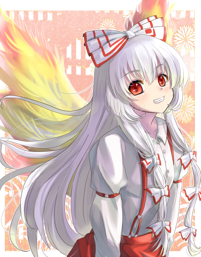 1girl bangs blush border bow buttons closed_mouth collared_shirt commentary_request fang floral_background flower fujiwara_no_mokou gradient gradient_background grey_hair grey_shirt hair_between_eyes hair_bow juliet_sleeves long_hair long_sleeves looking_at_viewer low-tied_long_hair multicolored_background multicolored_bow orange_background outside_border pants phoenix_wings pink_background puffy_long_sleeves puffy_sleeves red_bow red_eyes red_pants shirt sidelocks smile solo standing takenaka_takeshi teeth touhou white_background white_border white_bow white_flower wings