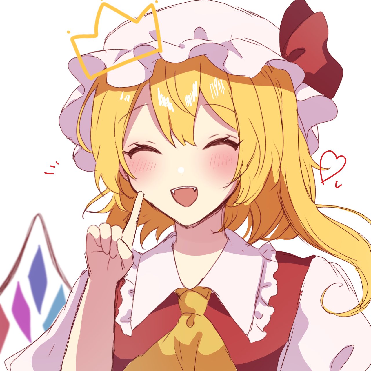 1girl ascot blonde_hair closed_eyes crown facing_viewer fangs flandre_scarlet hat hat_ribbon heart highres index_finger_raised mob_cap one_side_up open_mouth red_ribbon ribbon simple_background siomi_403 solo touhou upper_body white_background white_headwear yellow_ascot