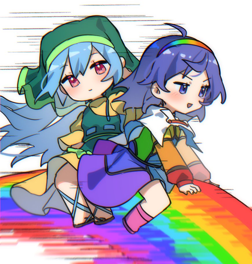 2girls :d ahoge apron blue_eyes blue_hair closed_mouth dress full_body green_apron green_headwear haniyasushin_keiki long_hair looking_at_viewer multicolored_clothes multiple_girls open_mouth patchwork_clothes rainbow red_eyes riding short_hair simple_background single_strap smile tenkyuu_chimata touhou v-shaped_eyebrows white_background xiebaowang yellow_dress