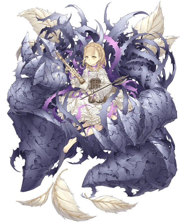 1girl barefoot blonde_hair briar_rose_(sinoalice) dress flute frilled_dress frills full_body instrument ji_no leaf looking_at_object official_art sinoalice sitting solo tattoo thorns transparent_background white_dress yellow_eyes