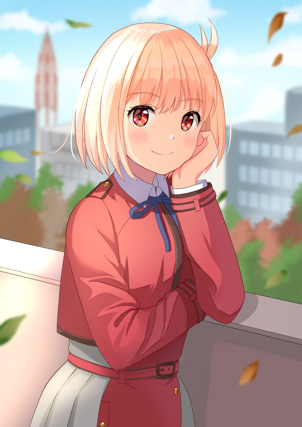 1girl belt birthday blonde_hair blue_ribbon bob_cut collared_shirt dress grey_dress hair_ribbon highres lycoris_recoil lycoris_uniform neck_ribbon nishikigi_chisato pechi_(peeechika) pleated_dress red_belt red_dress red_eyes red_ribbon ribbon shirt short_hair solo two-tone_dress upper_body white_shirt