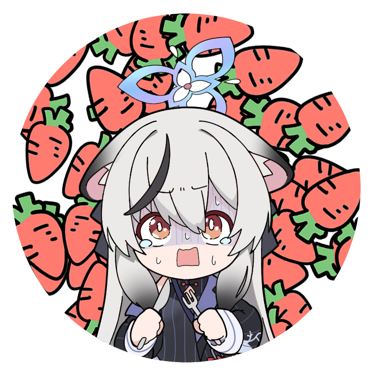 1girl animal_ear_fluff animal_ears bangs black_dress black_hair blue_archive brown_eyes carrot chibi commentary_request dress food-themed_background fork grey_hair hair_between_eyes halo holding holding_fork holding_knife knife kokona_(blue_archive) long_hair long_sleeves multicolored_hair nyaru_(nyaru_4126) open_mouth round_image solo streaked_hair sweat tears turn_pale wavy_mouth white_background