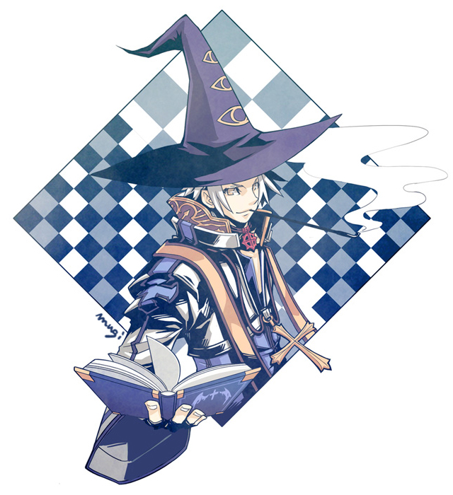 1boy arch_bishop_(ragnarok_online) artist_name black_gloves blue_coat book checkered_background closed_mouth coat commentary_request cropped_jacket cross cross_necklace eye_print fingerless_gloves gloves hat holding holding_book jacket jewelry kiseru long_sleeves looking_at_viewer male_focus necklace purple_headwear ragnarok_online ro_mugi short_hair signature smile smoke smoking smoking_pipe solo upper_body white_hair white_jacket witch_hat yellow_eyes