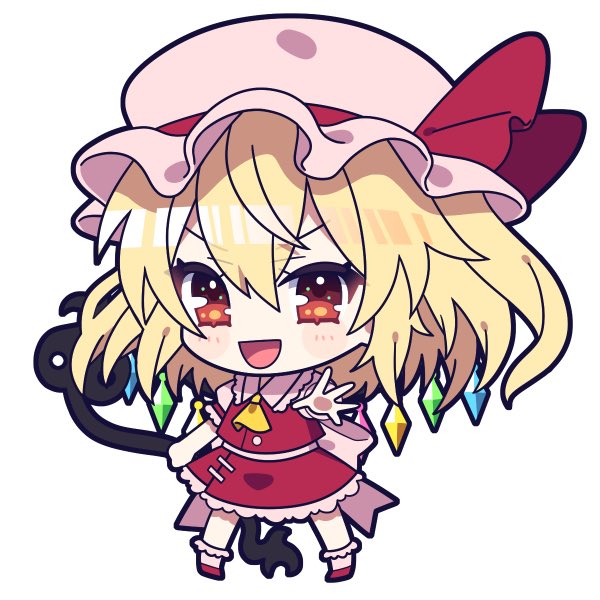 1girl :d ascot blonde_hair chibi crystal flandre_scarlet full_body hat hat_ribbon laevatein_(touhou) looking_at_viewer mob_cap open_mouth red_eyes red_footwear red_ribbon red_skirt red_vest ribbon shirt short_hair short_sleeves simple_background skirt smile socks solo standing touhou vest white_background white_headwear white_shirt white_socks wings yellow_ascot yoriteruru