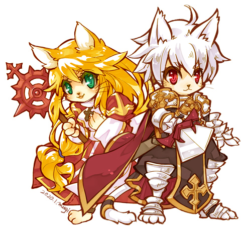 1boy 1girl armor bangs breastplate cape cat_boy cat_girl chainmail closed_mouth commentary_request crosier cross dress full_body furry furry_female furry_male gauntlets green_eyes hair_between_eyes high_priest_(ragnarok_online) holding holding_staff holding_sword holding_weapon juliet_sleeves leg_armor long_hair long_sleeves looking_at_viewer lord_knight_(ragnarok_online) low-tied_long_hair lowres margaretha_sorin open_mouth pauldrons puffy_sleeves ragnarok_online red_cape red_dress red_eyes ro_mugi sash scabbard seyren_windsor sheath short_hair shoulder_armor smile spiked_gauntlets staff sword tabard two-tone_dress weapon white_dress white_hair white_sash