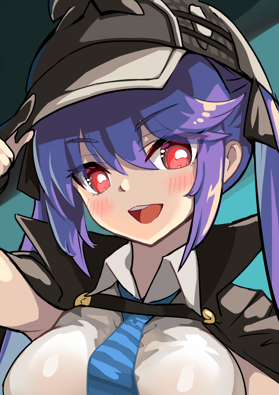 1girl among_us among_us_eyes_(meme) azur_lane blue_hair breasts crewmate_(among_us) deerstalker detective essex_(azur_lane) essex_(detective_essex)_(azur_lane) hat highres hm_(hmongt) large_breasts long_hair looking_at_viewer meme necktie red_eyes shirt sleeveless sleeveless_shirt smile solo trench_coat twintails upper_body