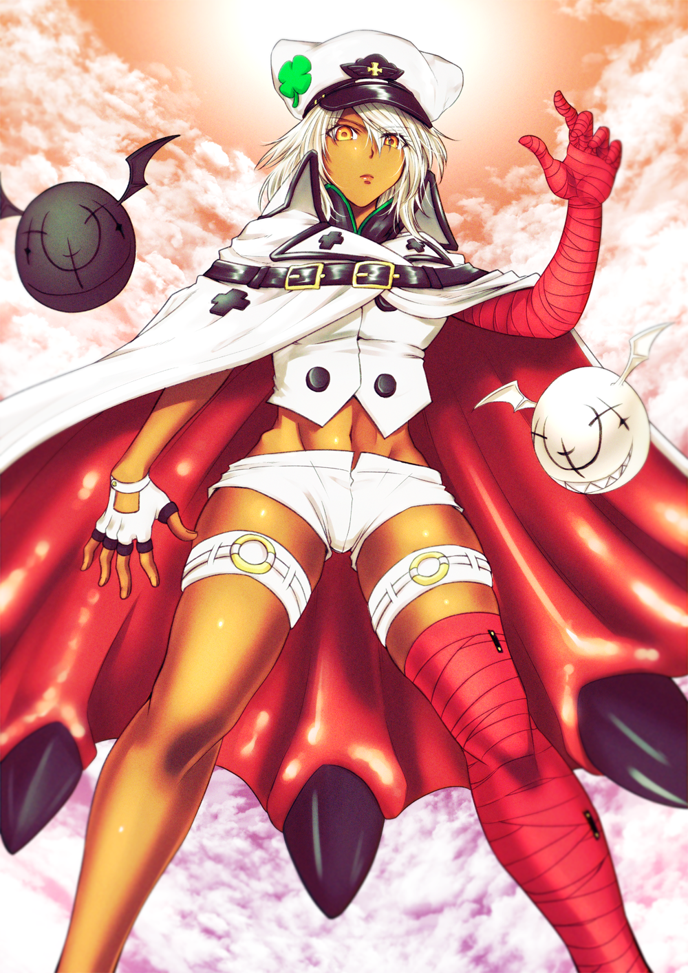 1girl an'no_natsume bandaged_arm bandaged_leg bandages breasts cape clover dark-skinned_female dark_skin fingerless_gloves four-leaf_clover frown gloves guilty_gear guilty_gear_strive hat highres legband medium_breasts micro_shorts orange_eyes ramlethal_valentine serious shorts single_fingerless_glove solo white_hair