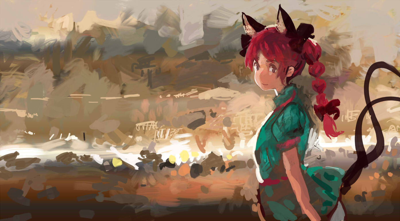 1girl animal_ears bow braid cat_ears cat_tail dress green_dress hair_bow kaenbyou_rin light_smile looking_at_viewer multiple_tails nekomata onion_(onion_and_pi-natto) red_eyes redhead solo tail touhou twin_braids two_tails