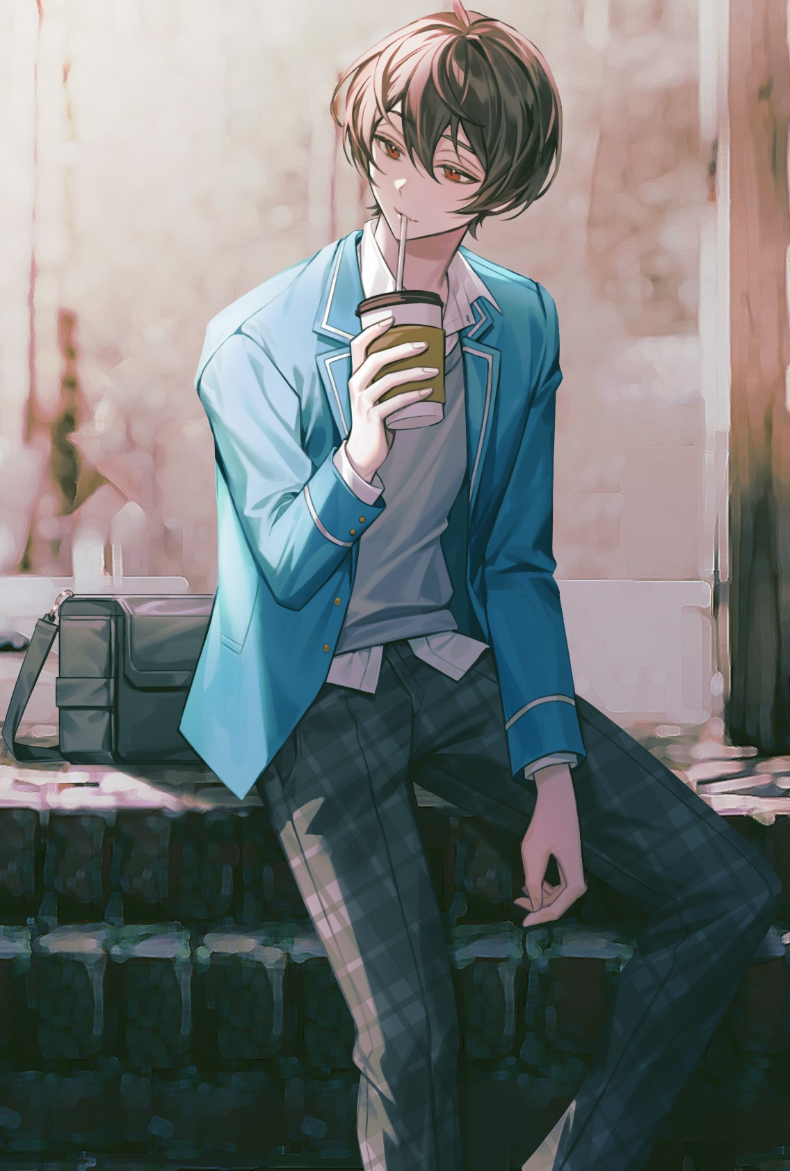 1boy 9_rnnr bag black_pants blue_jacket brown_hair commentary_request cup disposable_cup drinking_straw ensemble_stars! grey_sweater_vest highres jacket korean_commentary long_sleeves looking_to_the_side male_focus pants plaid plaid_pants red_eyes sakuma_ritsu school_bag school_uniform shirt sitting solo sweater_vest white_shirt wing_collar yumenosaki_school_uniform