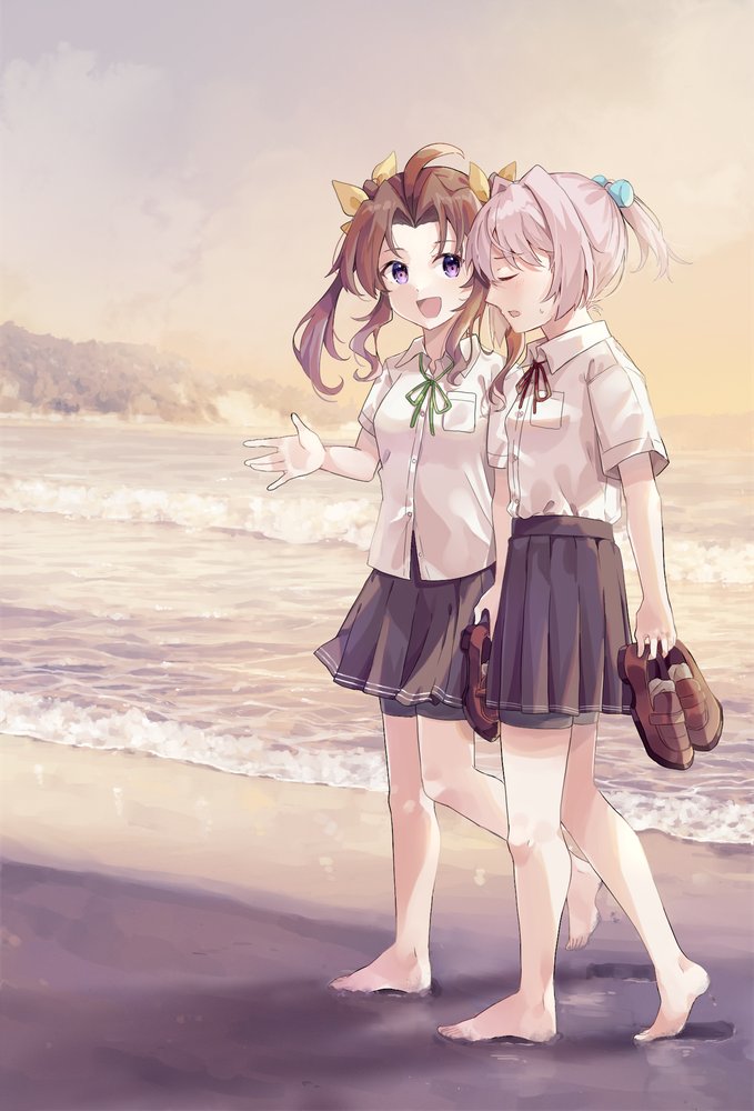 2girls barefoot beach blush brown_footwear brown_hair buttons closed_eyes collared_shirt green_ribbon grey_skirt holding holding_shoes kagerou_(kancolle) kantai_collection multiple_girls neck_ribbon ocean open_mouth pink_hair pleated_skirt ponytail red_ribbon ribbon shiranui_(kancolle) shirt shoes short_hair short_sleeves skirt smile twintails u_yuz_xx violet_eyes white_shirt