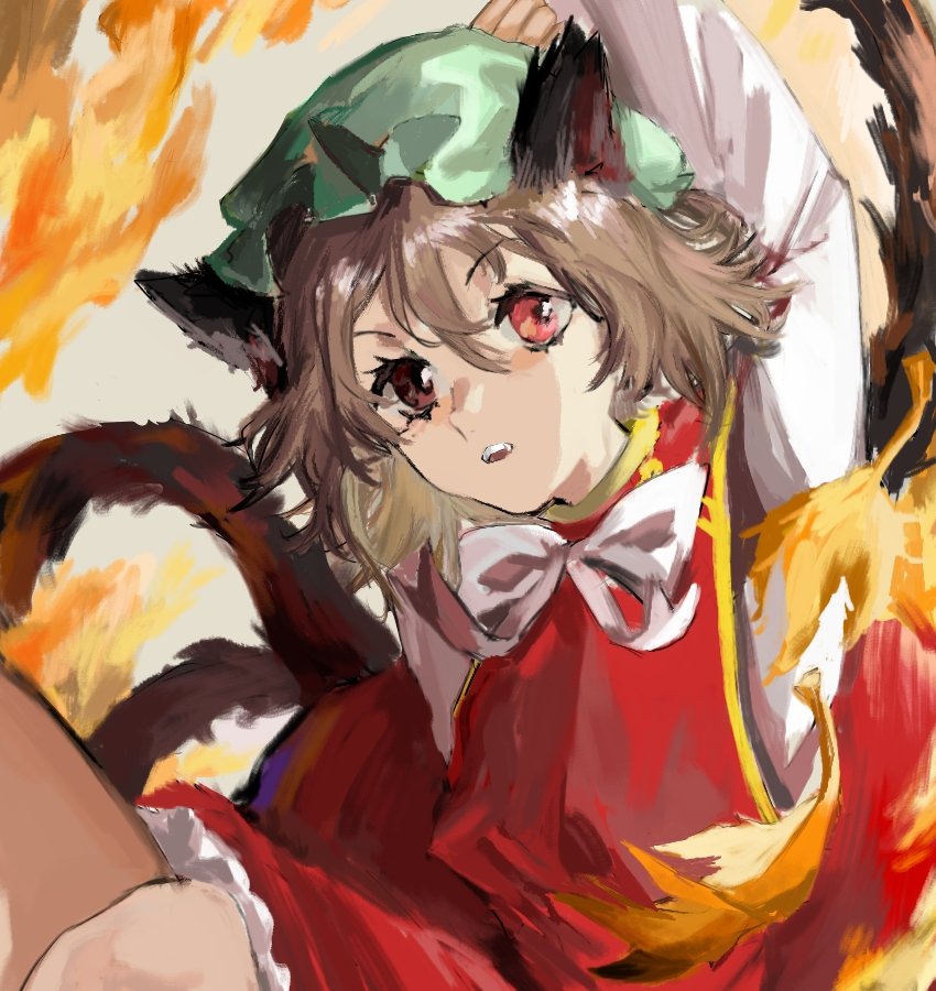 1girl animal_ears bow bowtie brown_hair cat_ears cat_tail chen earrings fire green_headwear hat heinrich_(fernanderuddle) jewelry long_sleeves looking_at_viewer mob_cap multiple_tails nekomata orange_background red_vest solo tail touhou two_tails vest