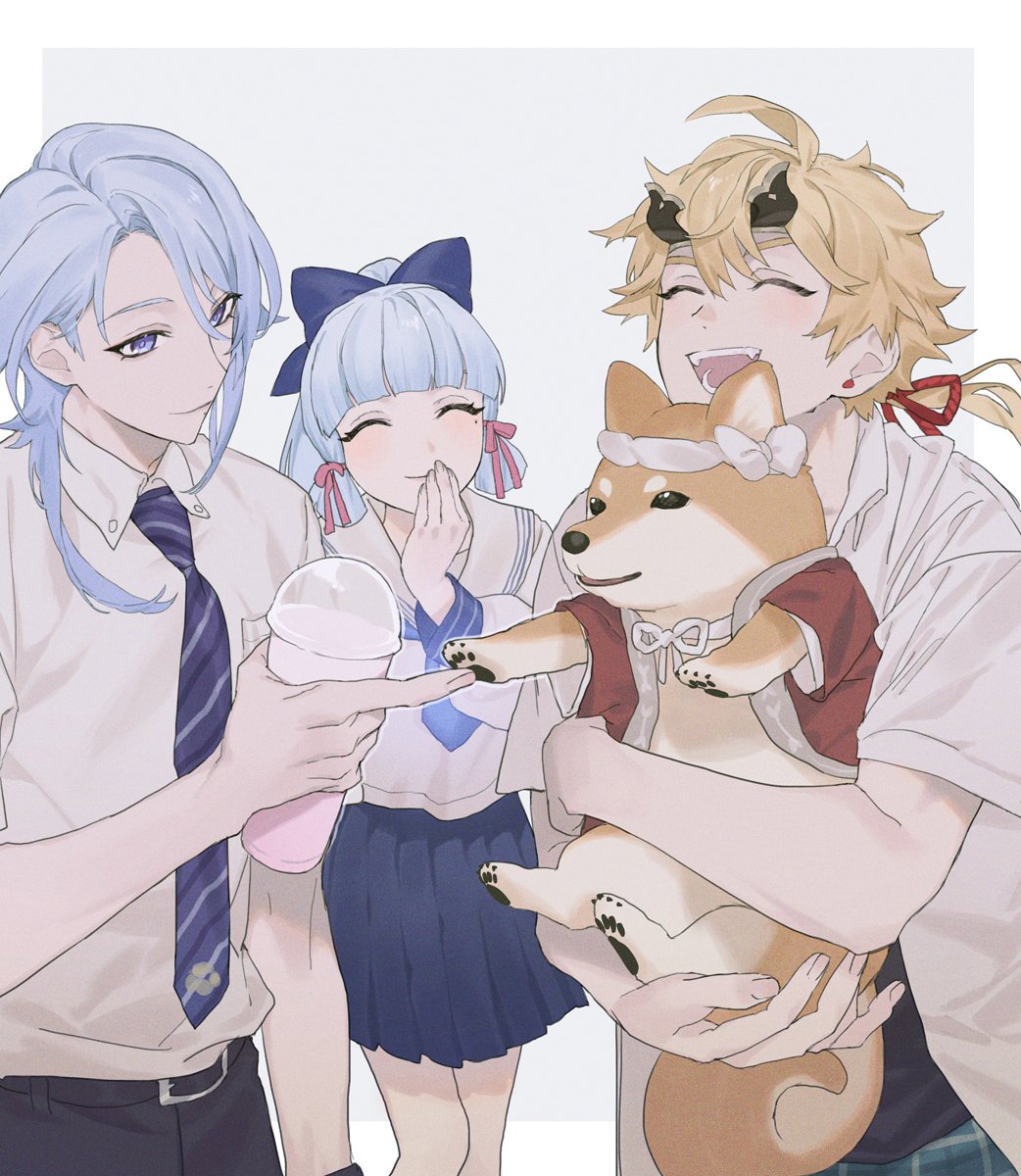 1girl 2boys ahoge alternate_costume animal bangs belt belt_buckle black_pants blonde_hair blue_bow blue_eyes blue_hair blue_neckerchief blue_necktie blue_skirt blunt_bangs bow brother_and_sister bubble_tea buckle closed_eyes collared_shirt commentary cup dog earrings fake_horns genshin_impact grey_background hair_over_shoulder hair_ribbon highres holding holding_animal holding_cup holding_dog horned_headwear horns jewelry kamisato_ayaka kamisato_ayato looking_at_animal low_ponytail mole mole_under_eye mole_under_mouth multiple_boys neckerchief necktie open_mouth outside_border pants pleated_skirt ponytail ribbon sachico66 school_uniform serafuku shiba_inu shirt short_sleeves siblings skirt smile stud_earrings taroumaru_(genshin_impact) thoma_(genshin_impact) tress_ribbon white_shirt wing_collar