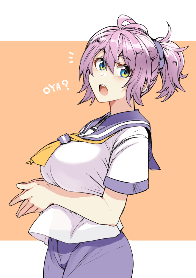 1girl :o aoba_(kancolle) ascot bangs blue_eyes blue_shorts blush breasts commentary_request hair_between_eyes kantai_collection large_breasts looking_back messy_hair own_hands_together pink_hair ponytail school_uniform serafuku short_sleeves shorts simple_background solo teeth tsukinami_kousuke two-tone_background upper_teeth yellow_ascot