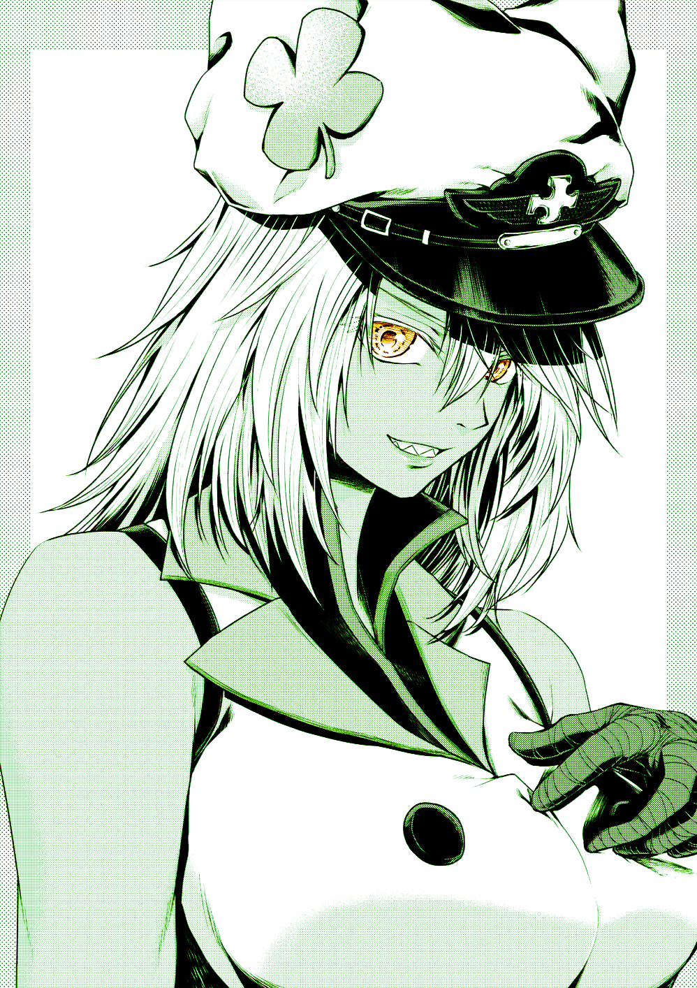 1girl an'no_natsume bandaged_hand bandages breasts clover four-leaf_clover green_theme grin guilty_gear guilty_gear_strive hat highres large_breasts limited_palette ramlethal_valentine sharp_teeth smile solo teeth upper_body yellow_eyes