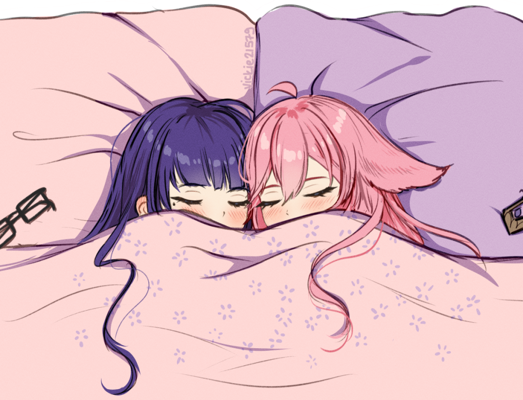 2girls ahoge animal_ears artist_name bangs black-framed_eyewear blunt_bangs blush closed_eyes commentary ear_blush eyewear_removed fox_ears genshin_impact glasses hair_between_eyes long_hair mole mole_under_eye multiple_girls pillow pink_hair purple_hair raiden_shogun rectangular_eyewear sleeping under_covers vickie_(cryingrobot) yae_miko yuri