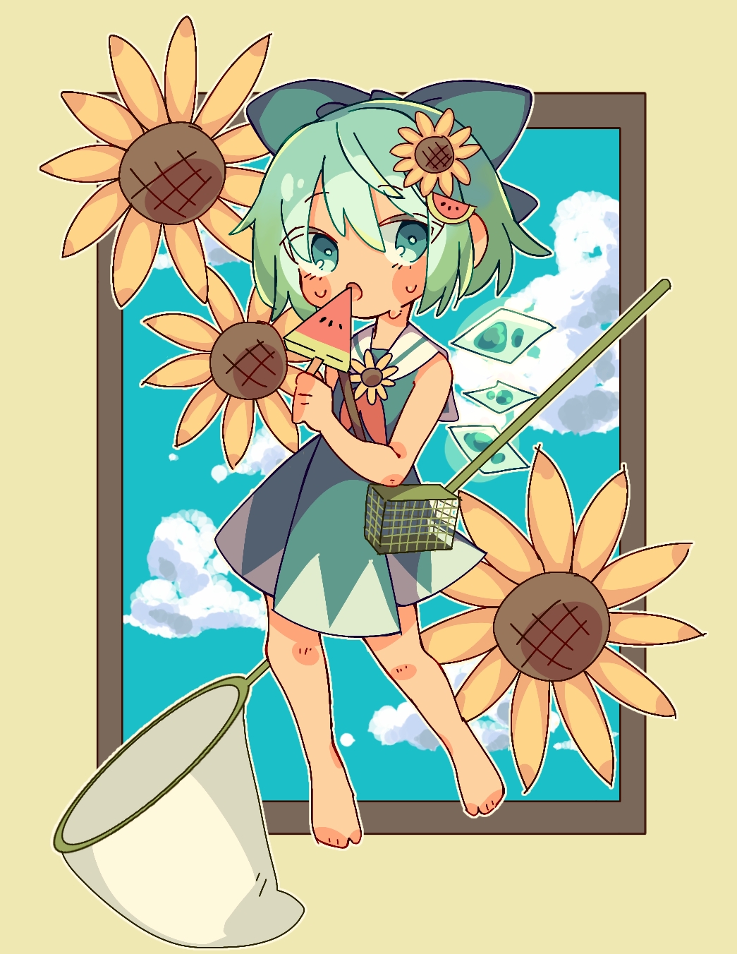 1girl adapted_costume aqua_hair barefoot blue_bow blue_dress blue_eyes blue_sky bow butterfly_net cirno clouds cloudy_sky detached_wings dress flower food fruit full_body hair_between_eyes hair_bow hand_net highres holding holding_food insect_cage looking_at_viewer nako7575ko sailor_collar sky sleeveless sleeveless_dress solo sunflower sweat sweatdrop tanned_cirno touhou watermelon watermelon_slice white_sailor_collar wings yellow_flower