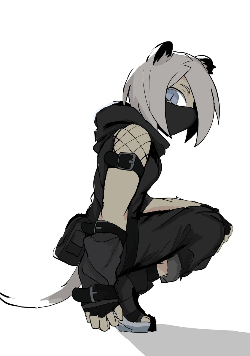 1girl animal_ear_fluff animal_ears arknights bangs black_footwear black_gloves black_pants black_shirt blue_eyes commentary english_commentary fingerless_gloves fishnets from_side gloves grey_hair hair_over_one_eye highres looking_at_viewer looking_to_the_side mask mouth_mask nik_(slicknick_000) ninja ninja_mask pants shadow shirayuki_(arknights) shirt shoes simple_background slit_pupils solo squatting tail white_background