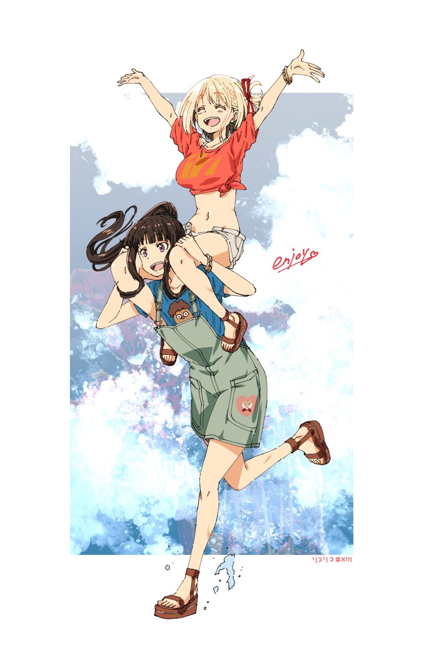 2girls bangs black_hair blonde_hair blue_shirt blue_sky blunt_bangs bob_cut carrying clouds commentary_request dress grey_dress hair_ribbon highres inoue_takina long_hair lycoris_recoil midriff mikage_nao multiple_girls nishikigi_chisato overall_shorts overalls ponytail red_ribbon red_shirt ribbon shirt short_hair shorts shoulder_carry sky t-shirt toeless_footwear violet_eyes white_shorts