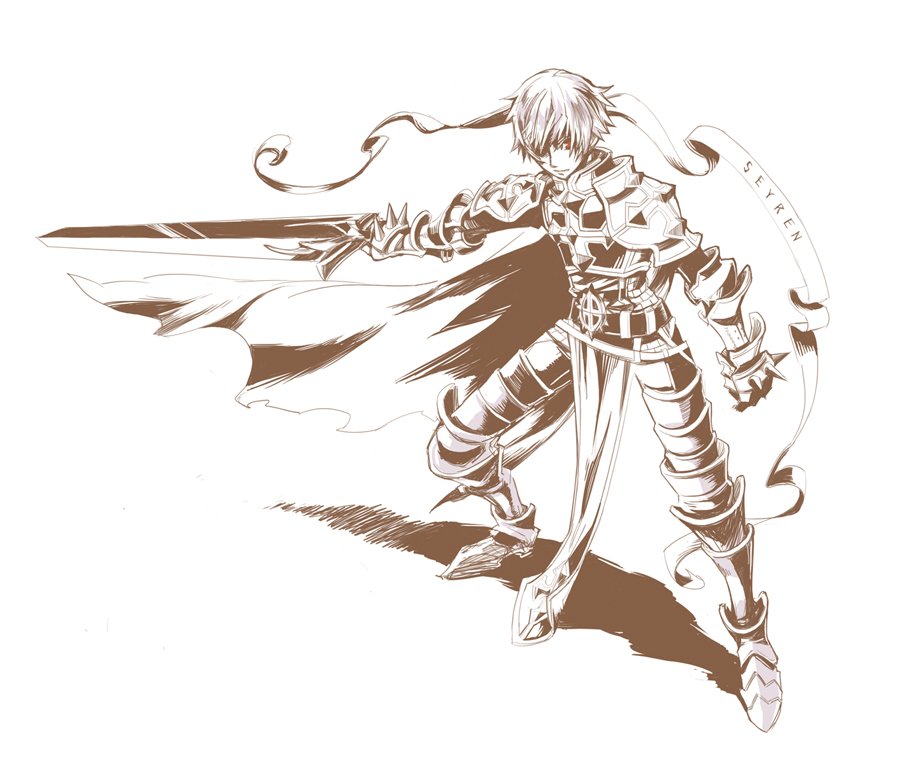 1boy armor armored_boots bangs boots breastplate cape chainmail character_name closed_mouth commentary_request cross expressionless full_body gauntlets greyscale holding holding_sword holding_weapon leg_armor looking_at_viewer lord_knight_(ragnarok_online) male_focus monochrome pauldrons ragnarok_online ro_mugi seyren_windsor short_hair shoulder_armor simple_background solo spiked_gauntlets standing sword tabard torn_cape torn_clothes weapon